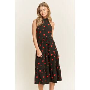 135. Black Soft Woven Valentine Heart Print Halter Neck Dress